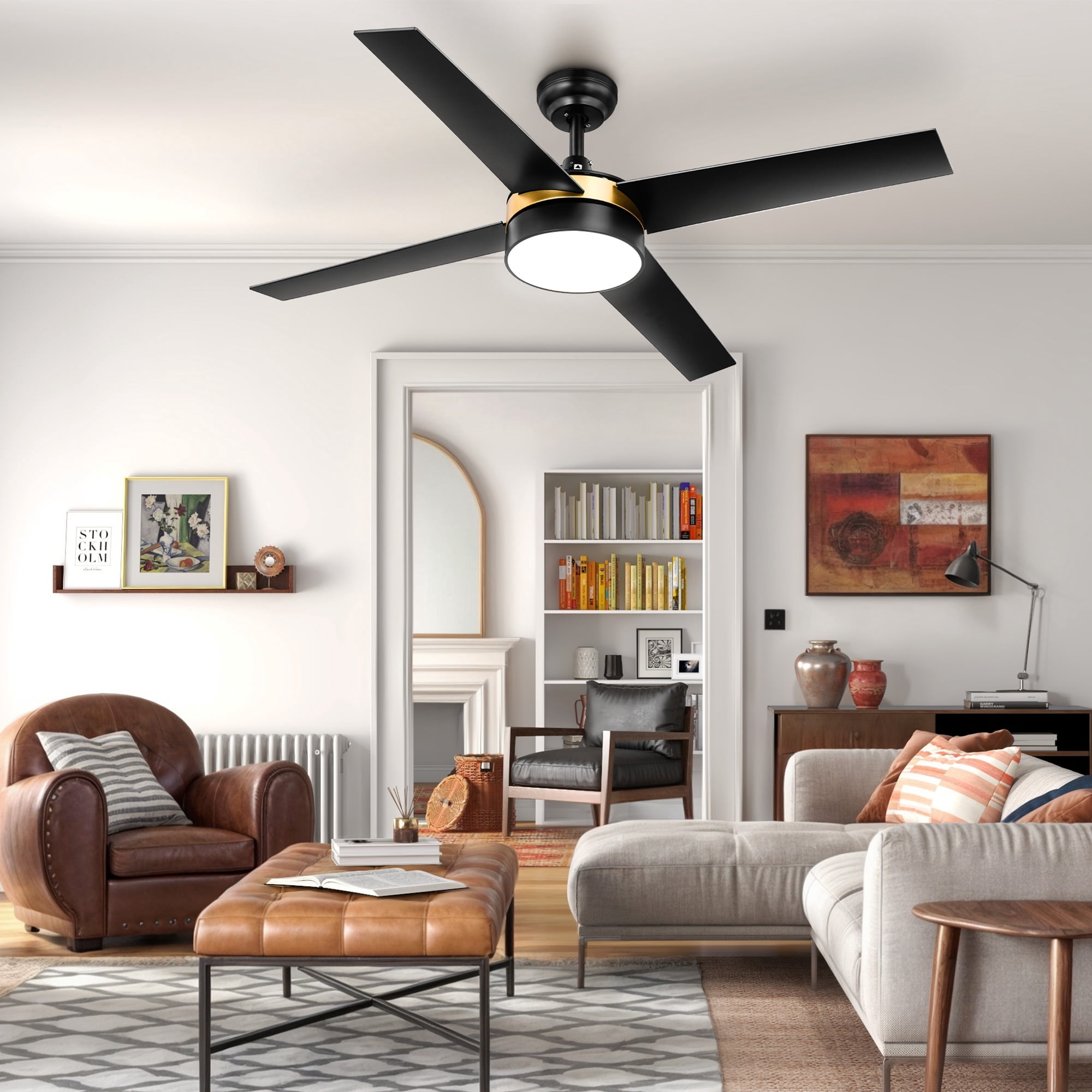 Uforic 52 Inch Black Gold Ceiling Fans with Light and Remote, Modern Dimmable Fan for Indoor Outdoor