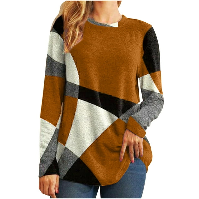 IROINID Liquidation Hauts Grande Taille pour Femmes Col Rond Manches Longues Chemise Ample Imprimée Blouse Hauts, Orange