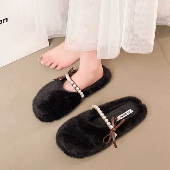 Aueoeo Women's Closed Toed Slipper Winter Warm Faux Furs Lined Shoes Fashion Cozy Fuzzy Streetwear Shoes