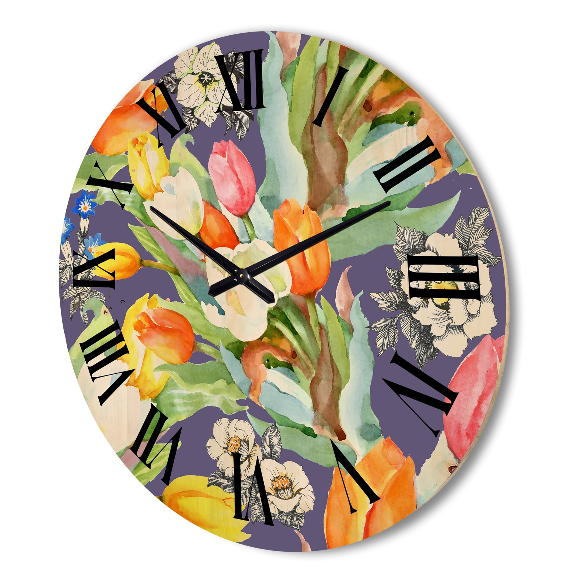 Designart 'Blooming Orange and White Tulips III' Traditional Wood Wall Clock