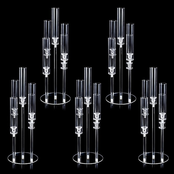 Anoncndin Modern 5-Arm Clear Acrylic Candelabra Centerpiece – 89cm Tall Crystal Candle Holder with Glass Chimneys & LED Taper Candles – Elegant Table Decor for Weddings, Dining Room, Parties –