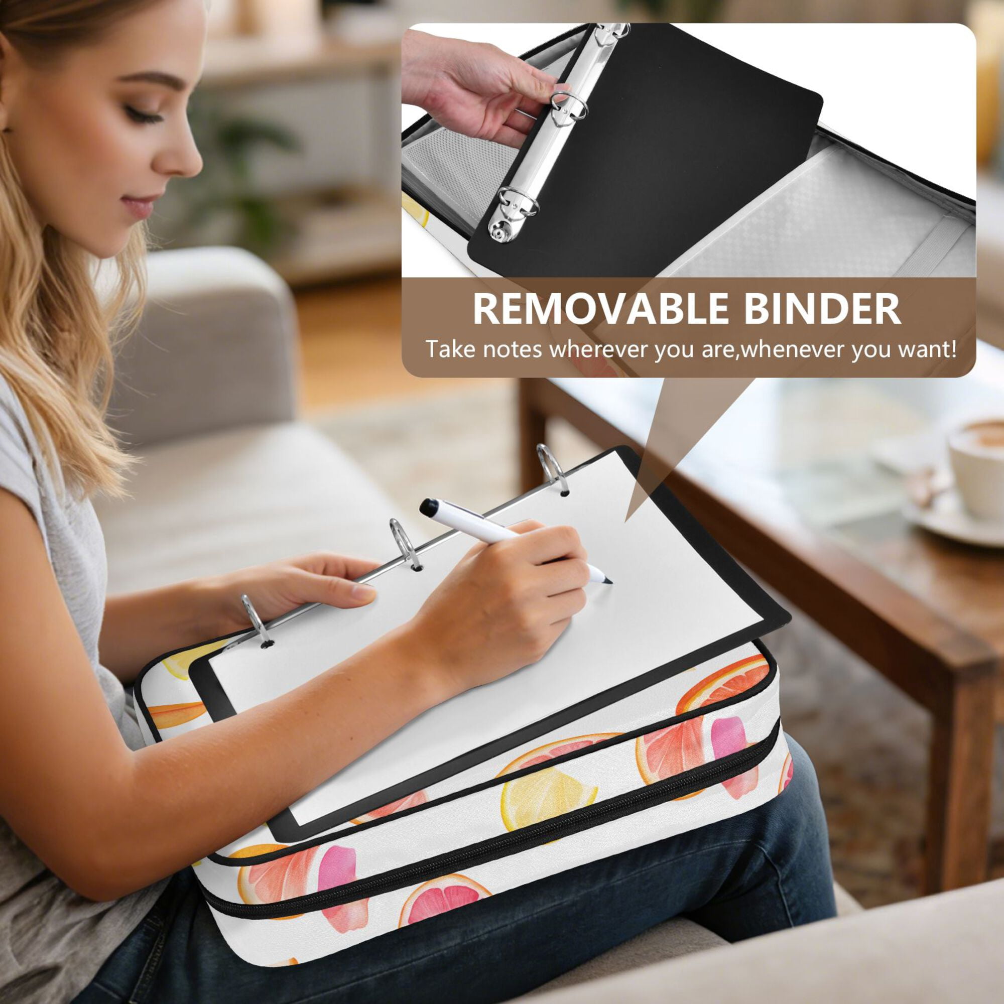 FORMRS Accordion File Folder A4 Size 7-Pocket Expanding Document Organizer Bag with 3 Ring Binder, White Grapefruit Slices