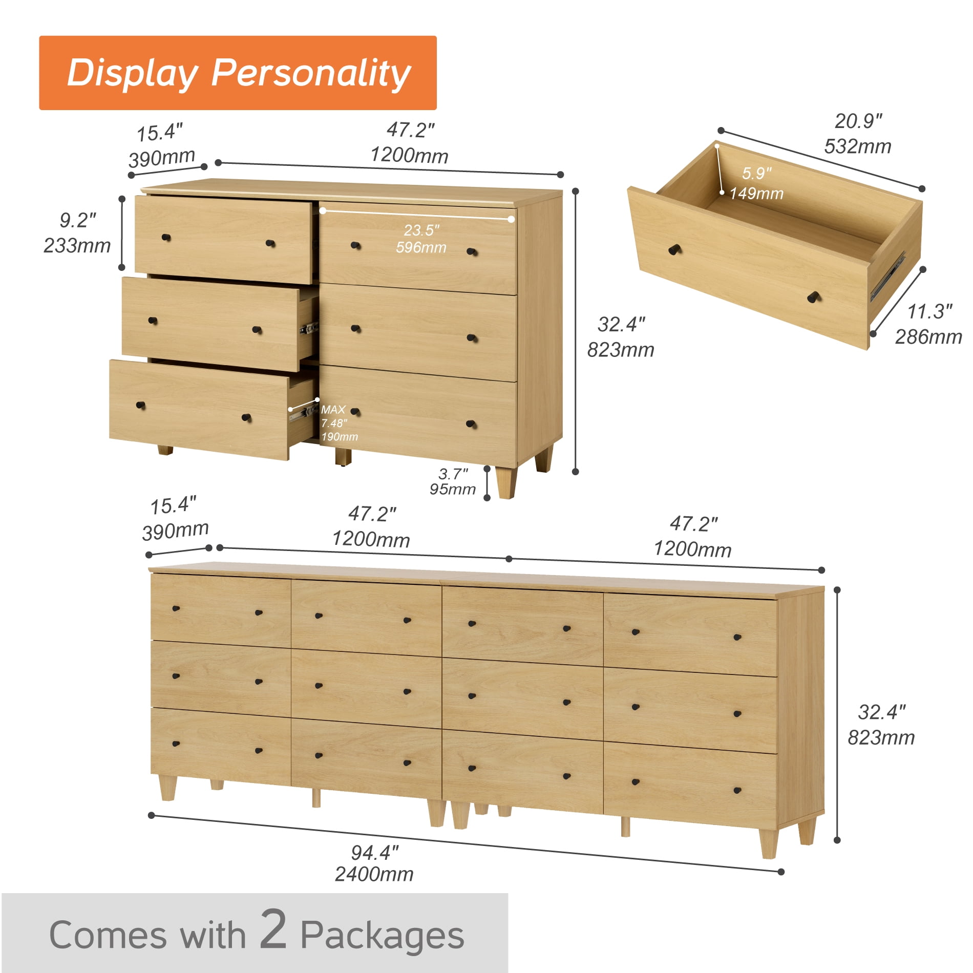 WAMPAT Dresser and Nightstand Set of 3, Wood Dressers with 12 Drawers, Nightstand with Charging Stations for Living Room, Oak Wood