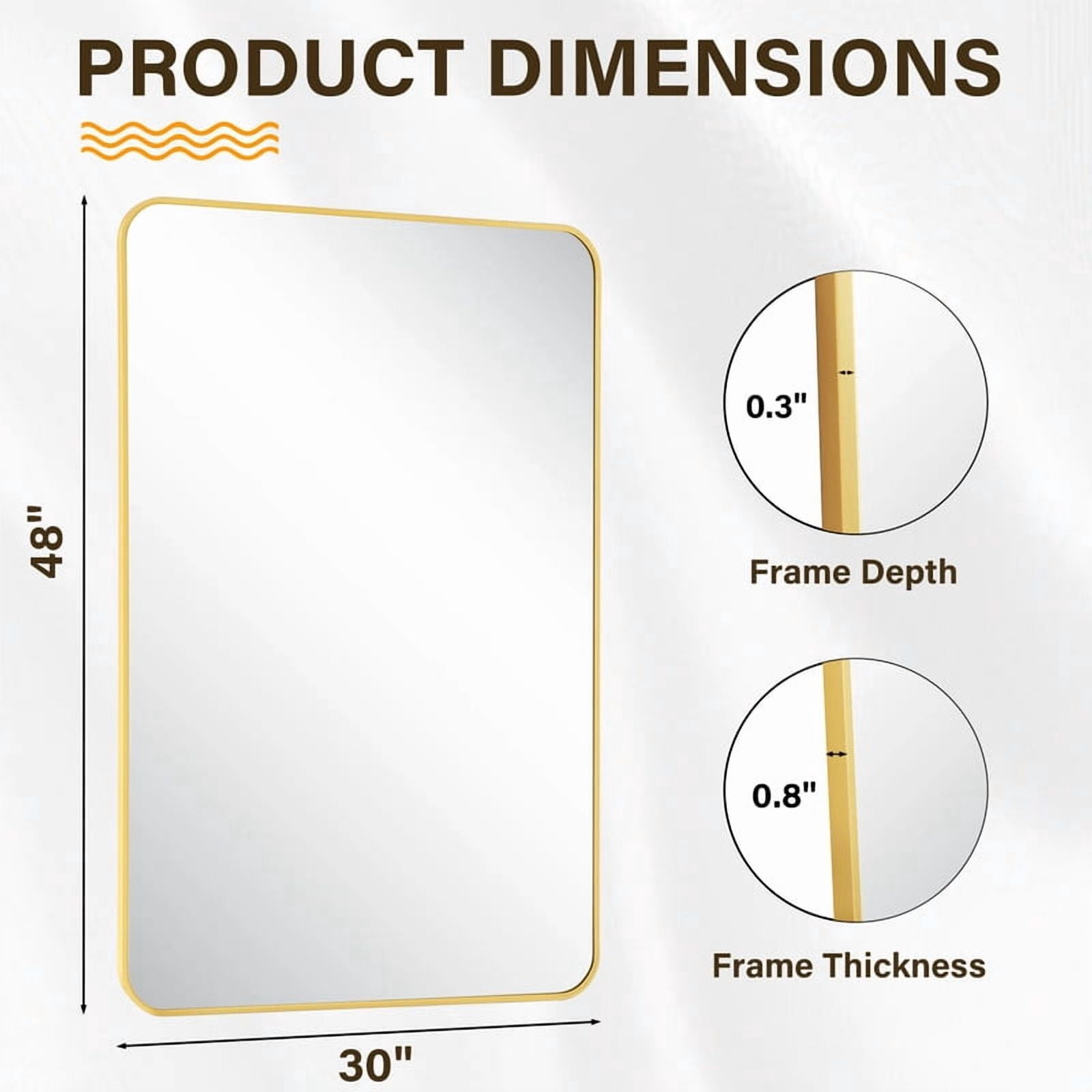 Easy4Home 48"x30" Rectangular Bathroom Mirror Hanging Rounded Corners Vanity Mirror Wall Mounted, Gold