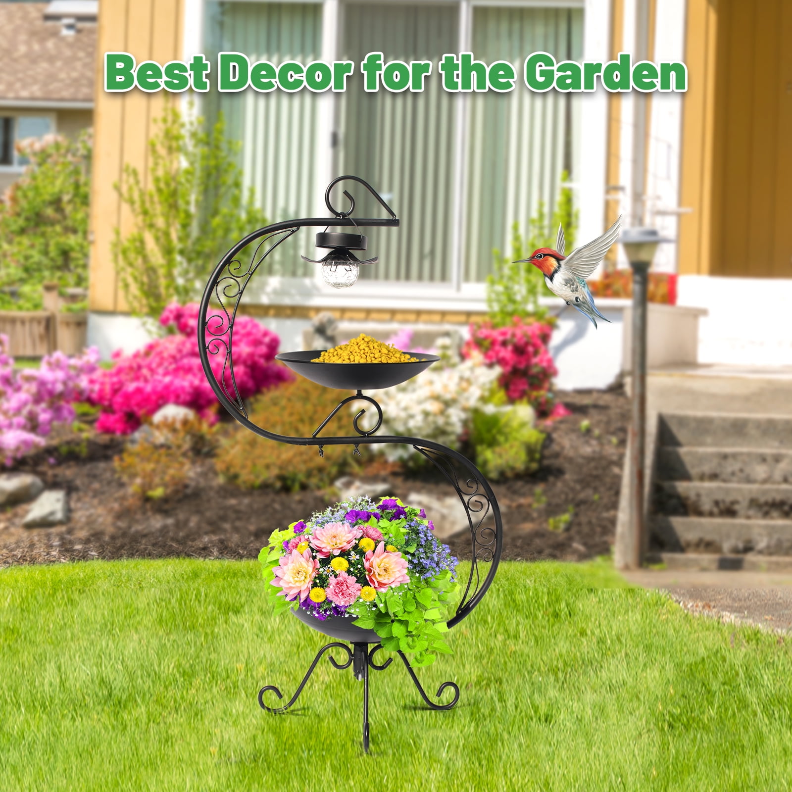HONGLAND 36" Vintage Cast Iron Bird Bath with Solar Lights & Feeder, Weather-Resistant Outdoor Garden Decor for Hummingbirds