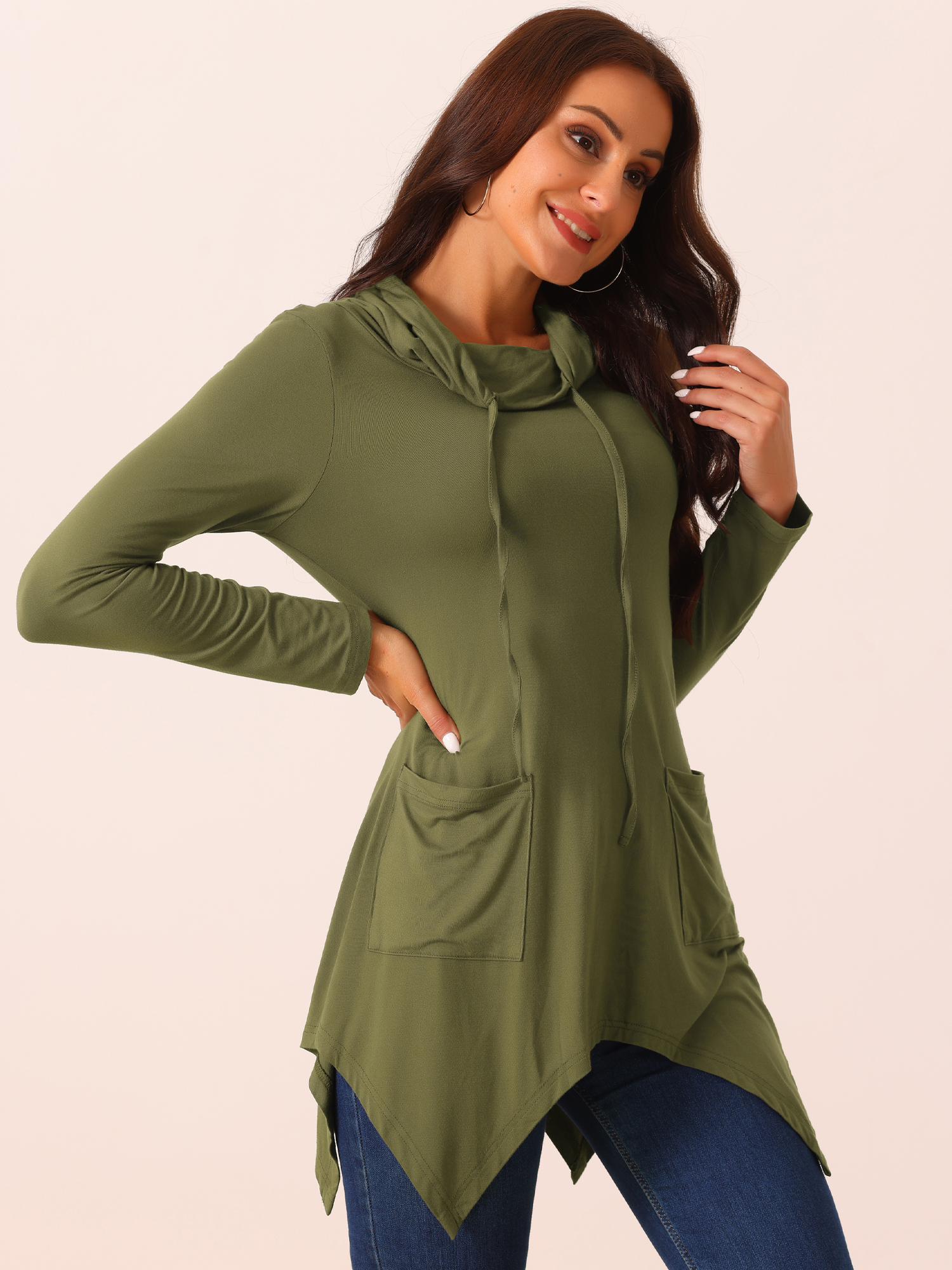 DARING DIVA Women's Cowl Neck Asymmetrical Hem Tunic Tops with Pockets Army Green L