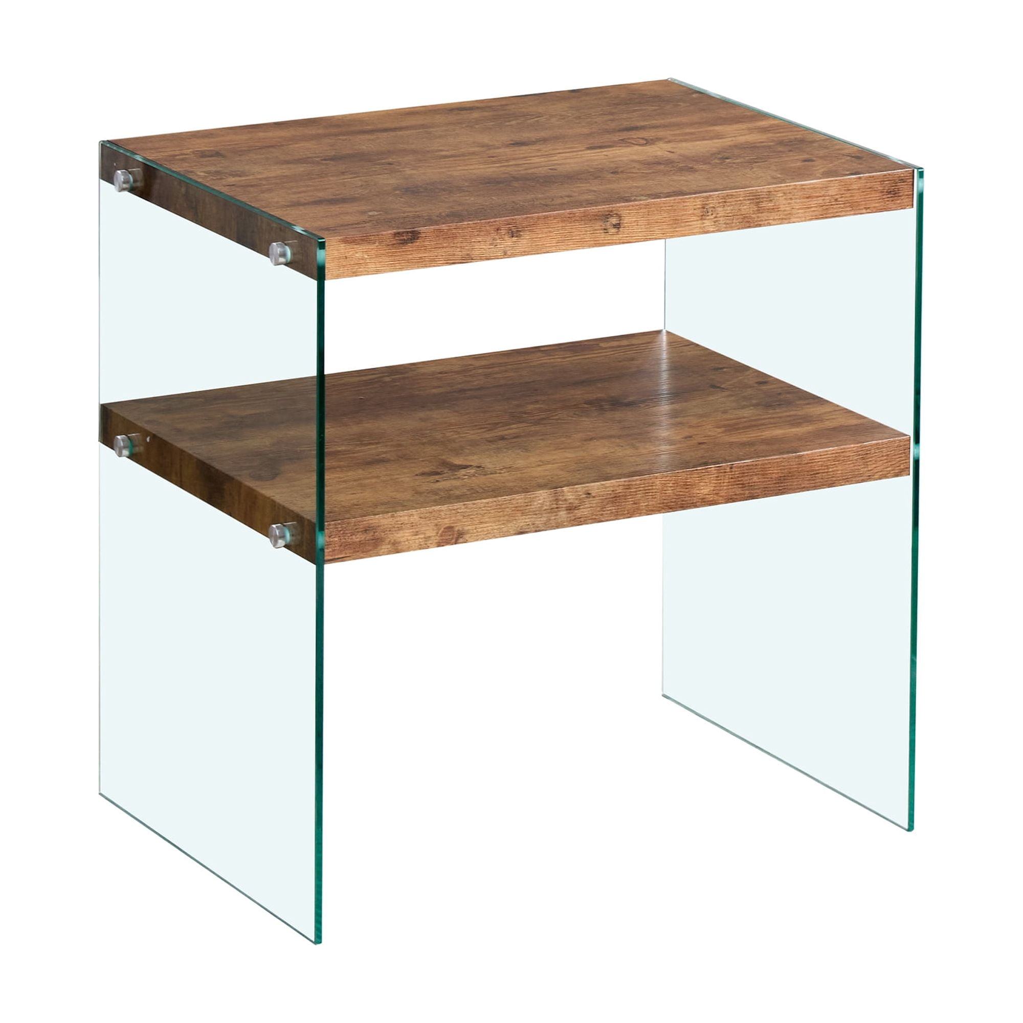 MDF Side Table, Small Tea Table and Walnut Night Stand with Premium Tempered Glass Top, Multi-Purpose Sofa Table for Snacks Coffee Books Decor, Waterproof and Easy to Clean, No Assembly Required