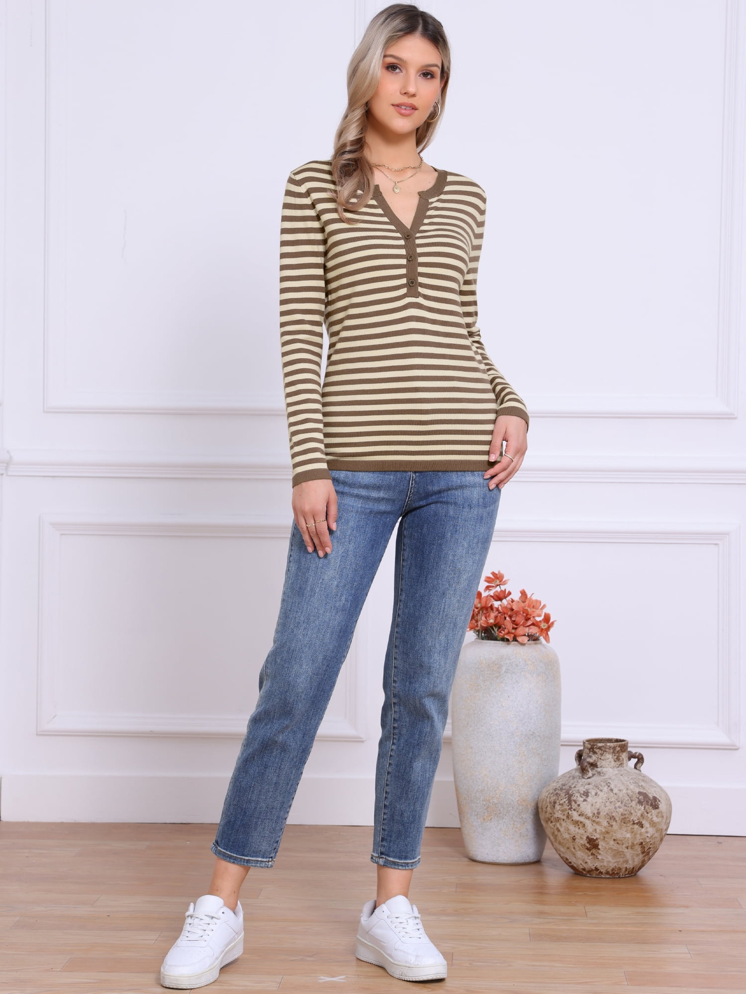 DARING DIVA Women's Long Sleeve Casual V Neck Knitted Striped Top L Brown