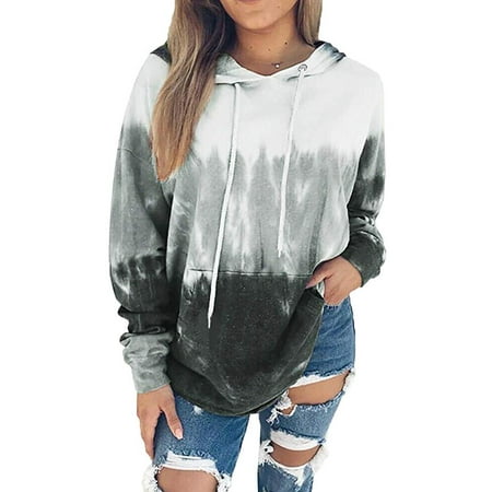 Women Tie Dye Printed Long Sleeve Drawstring Pullover Sweatshirts With Pocket