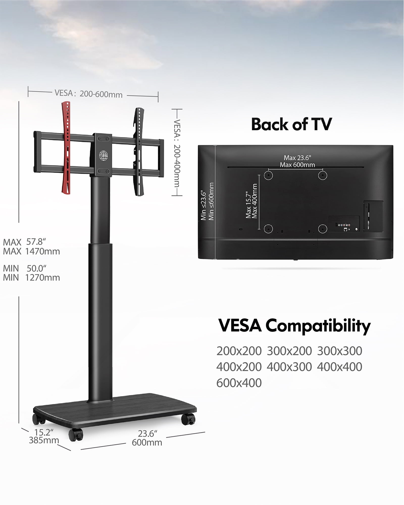 FITUEYES TV Stand with Wheels and Wooden Base for TVs up to 65", Black