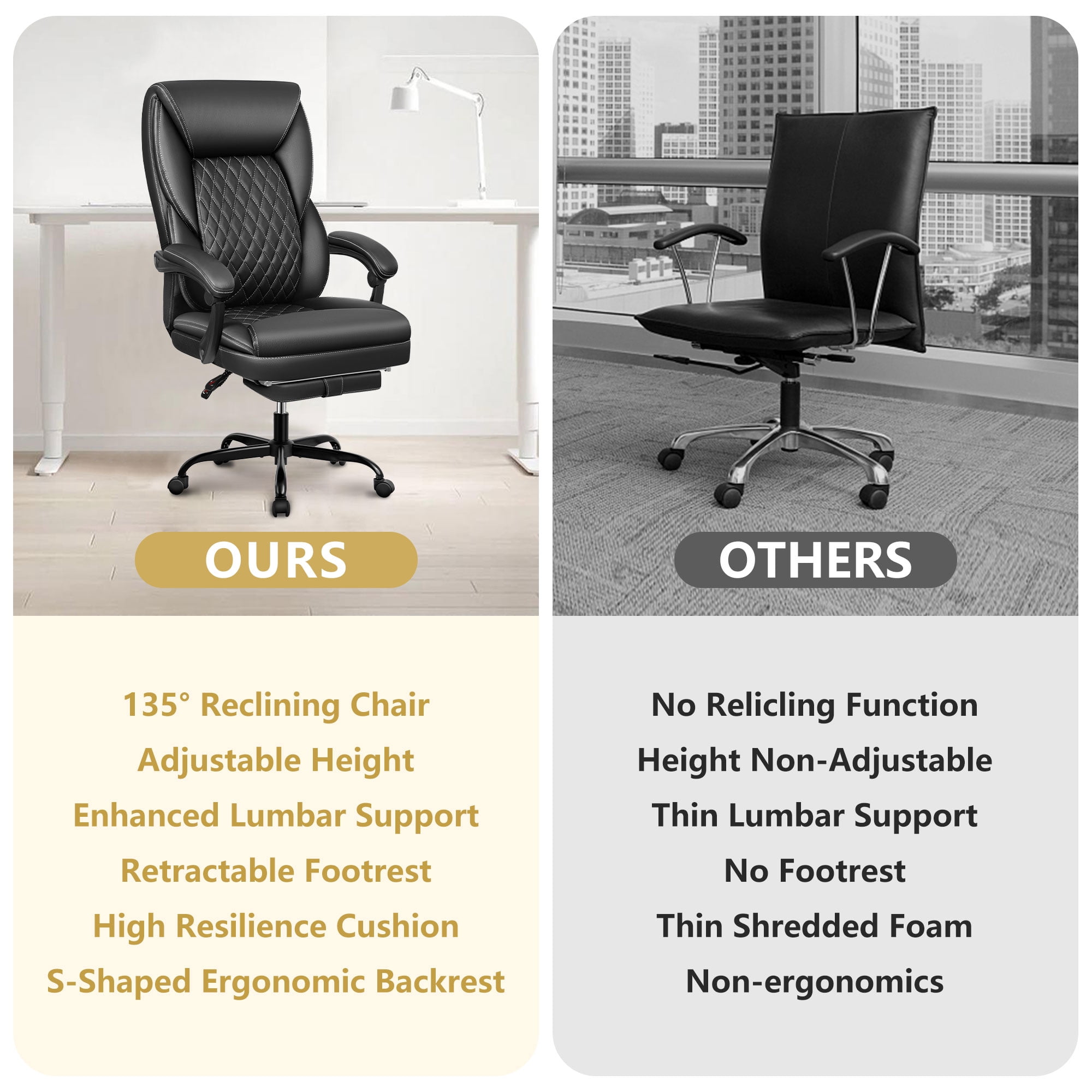 Primy Office Chair with Retractable Footrest, Ergonomic High Back Executive Computer Desk Chair, Big & Tall PU Leather Reclining Chair for Home Office Work