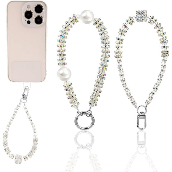 YQHWQ 2pcs Rhinestones Phone Wrist Straps, Hands-Free Pearl Beaded Phone Wristlet Strap Detachable Cell Phone Case Charm Bracelet Chain with 2pcs Tether Tab for Wallet Camera Car Key