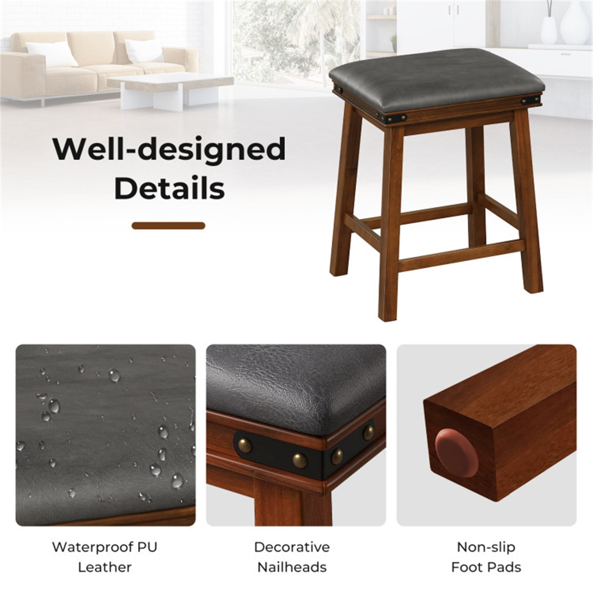 Demi Bonn 24" Set of 2 Rubber Wood Bar Stool, Modern Kitchen Dining Chair, Brown