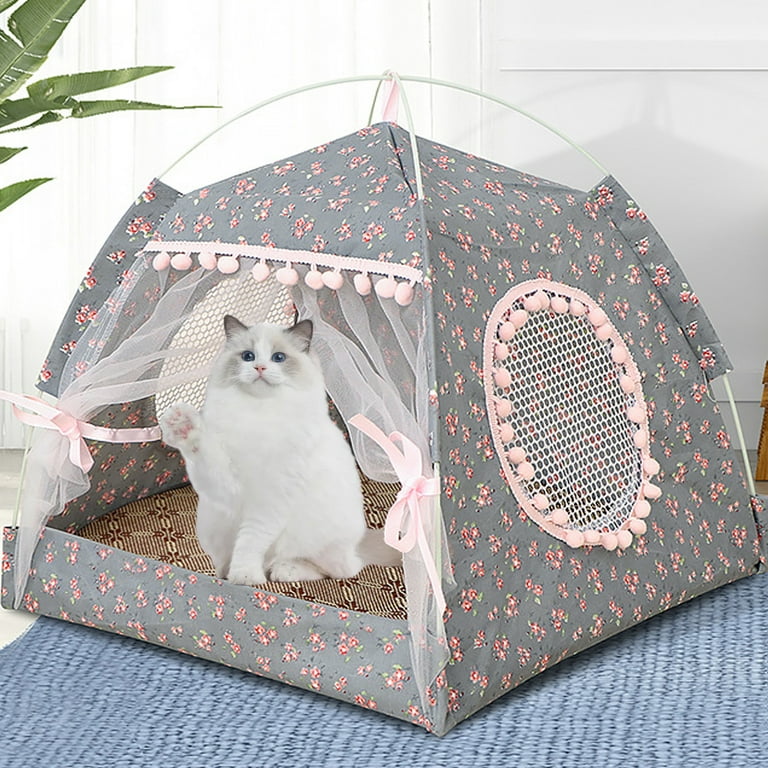 Cat Princess Tent Floral Printed Cat House with Breathable Screen Windows Door Curtains Folding Kitten Cave Nest Dog Tents for Cats Small Dogs