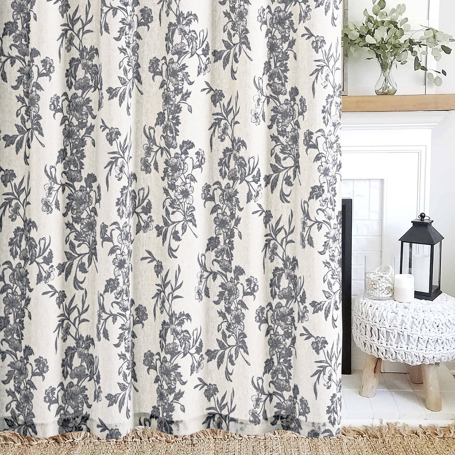 Alishomtll Floral Curtains for Living Room Farmhouse Country Linen Curtains Light Filtering Window Drapes,Black ,52"x84", 2 Panels