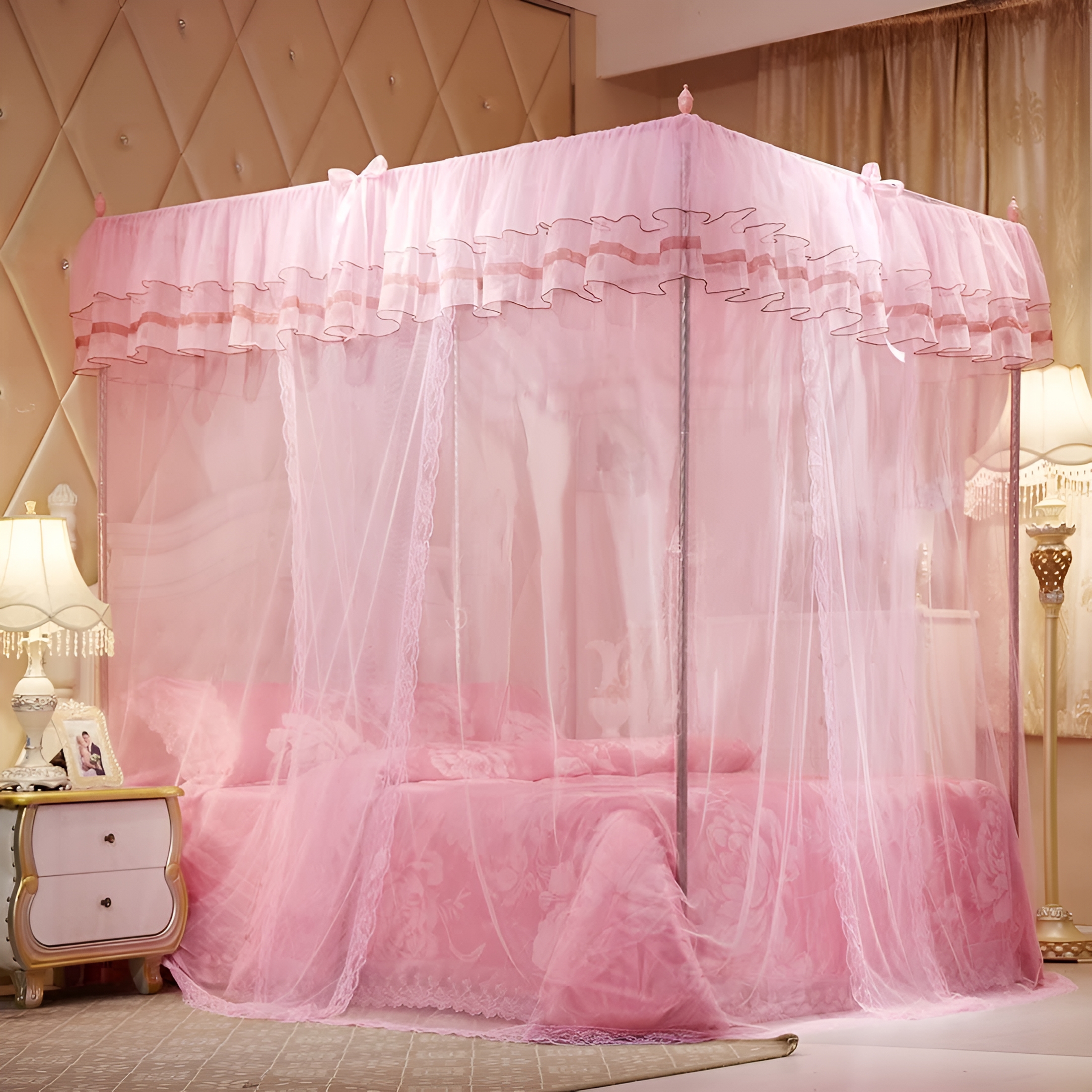 AUQ 4 Corners Post Pink Canopy Bed Curtain for Girls&Adults - Cute Cozy Drape Square Netting for Twin Bed - 4 Opening 45"