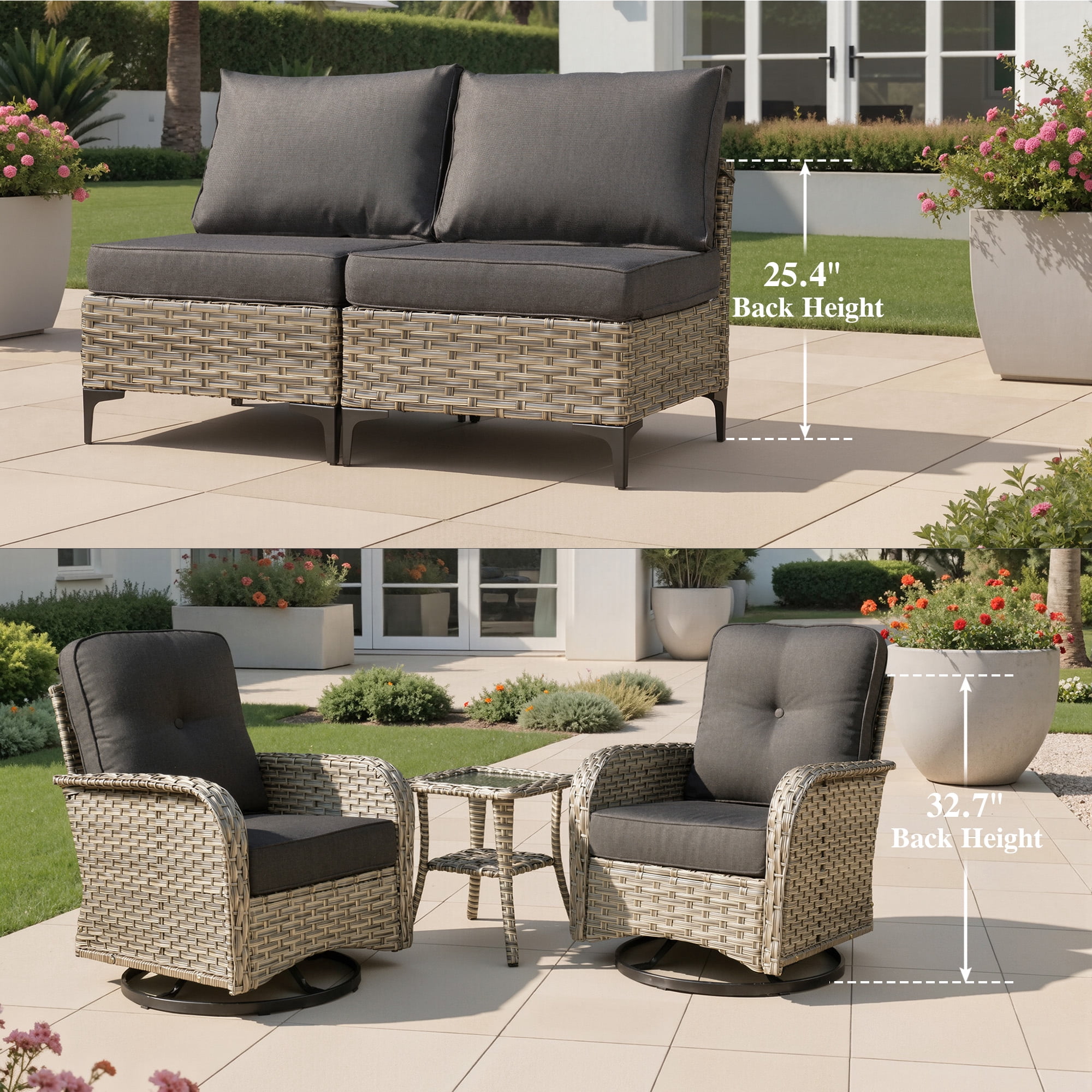 Ovios Outdoor Patio Furniture Set 9 Pieces Rattan Wicker Sectional with 42" Gas Fire Pit, Swivel Chairs, Solar Table, Black