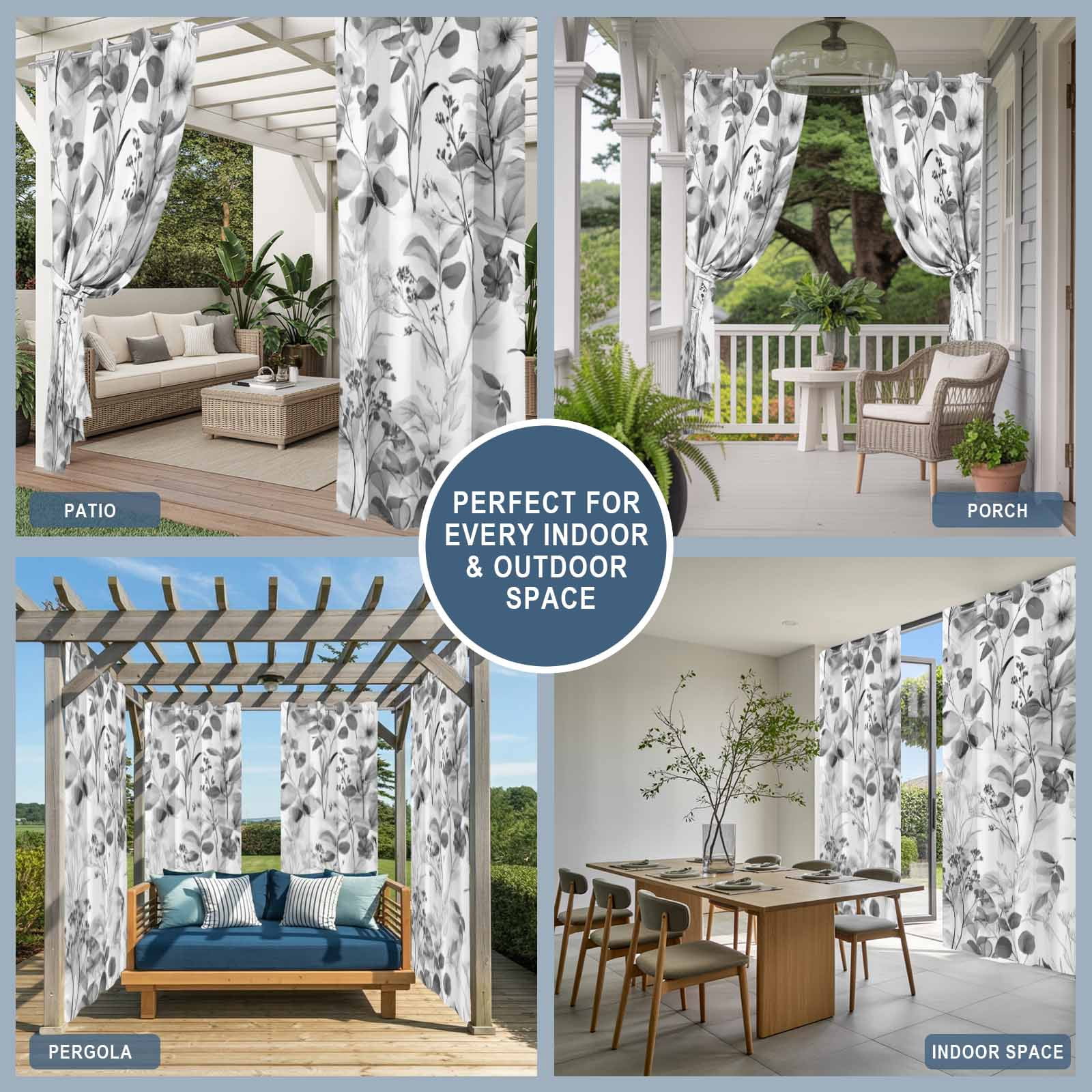 Outdoor Curtains for Patio Waterproof, Spring Flowers Windproof Pravicy Outside Porch Blackout Curtain, Vintage Country Eucalyptus Leaves Plants Sun Blocking Grommets Curtains 2 Panels 54"x95"