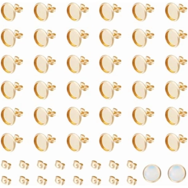 60 piezas de aretes de botón con cabujón chapado en oro de 18 quilates de 10 mm, bandejas de acero inoxidable para aretes, bandejas de bisel, accesorios para aretes con cierre de aro.