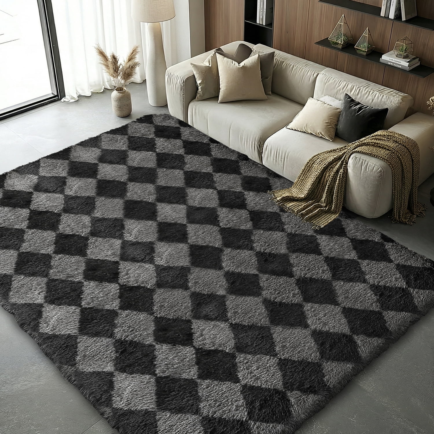 Pentantan 8’x 10’ Shag Area Rugs, Soft Fluffy Modern Checkered Indoor Carpet for Living Room Bedroom, Gray & Black