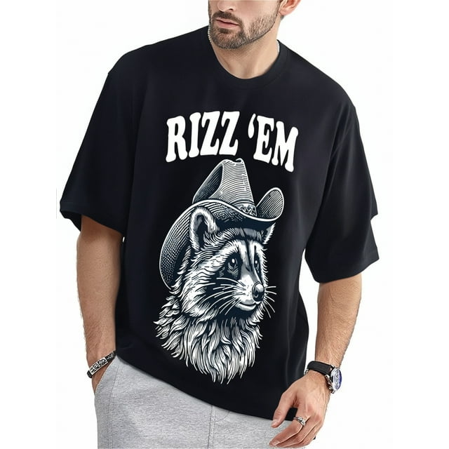 Lifestyle Graphic playera de manga corta estándar para hombre1pc Rizz Em with The Tism Funny Raccoon Meme Cotton T-Shirt, Unisex Hip Hop Graphic Print, Crew Neck, All-Season Casual Tee with Slight S