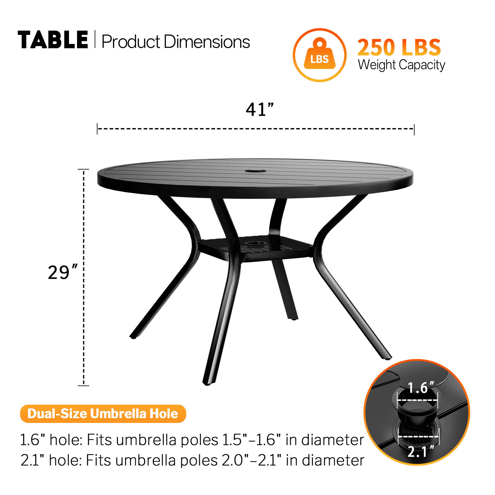 MEOOEM 41-Inch Round Outdoor Patio Dining Table with Umbrella Hole & Mesh Storage Shelf, Sturdy Stable Black Metal 4-Person Outdoor Coffee Table for Garden, Backyard & Deck