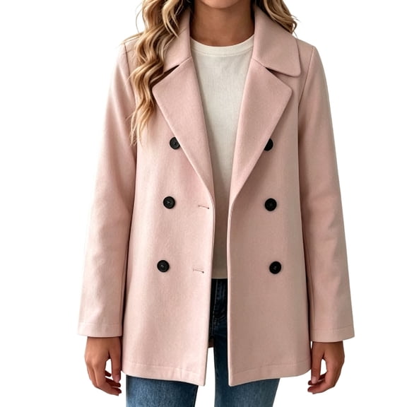 Mitankcoo Girls Double Breasted Coat Lapel Collar Long Sleeve Soft Wool Blend Jacket Casual Outerwear for Fall Winter