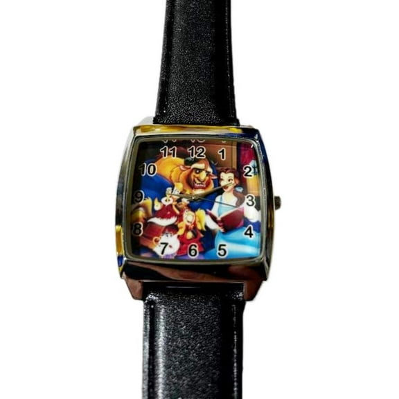 Beauty and the Beast Black Leather Strap Wristwatch