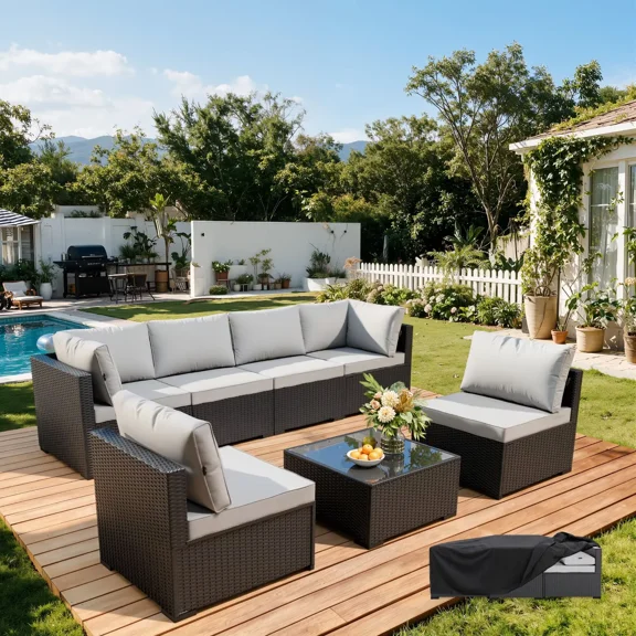 7-Piece Patio Furniture Set with Waterproof Cover, Outdoor PE Rattan Wicker Modular Sectional Sofa with Cushions and Tempered Glass Coffee Table, for Porch, Garden and Poolside, Light Gray