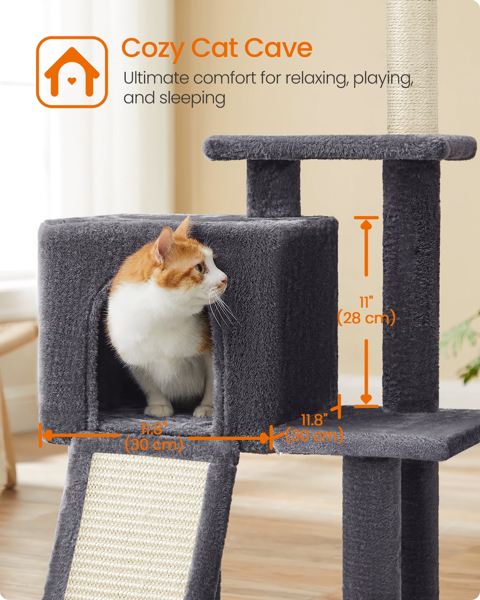 Feandrea Small Cat Tree, Multi-Level Plush Cat Condo for Indoor Cats and Kittens, 46.5 Inches, Smoky Gray