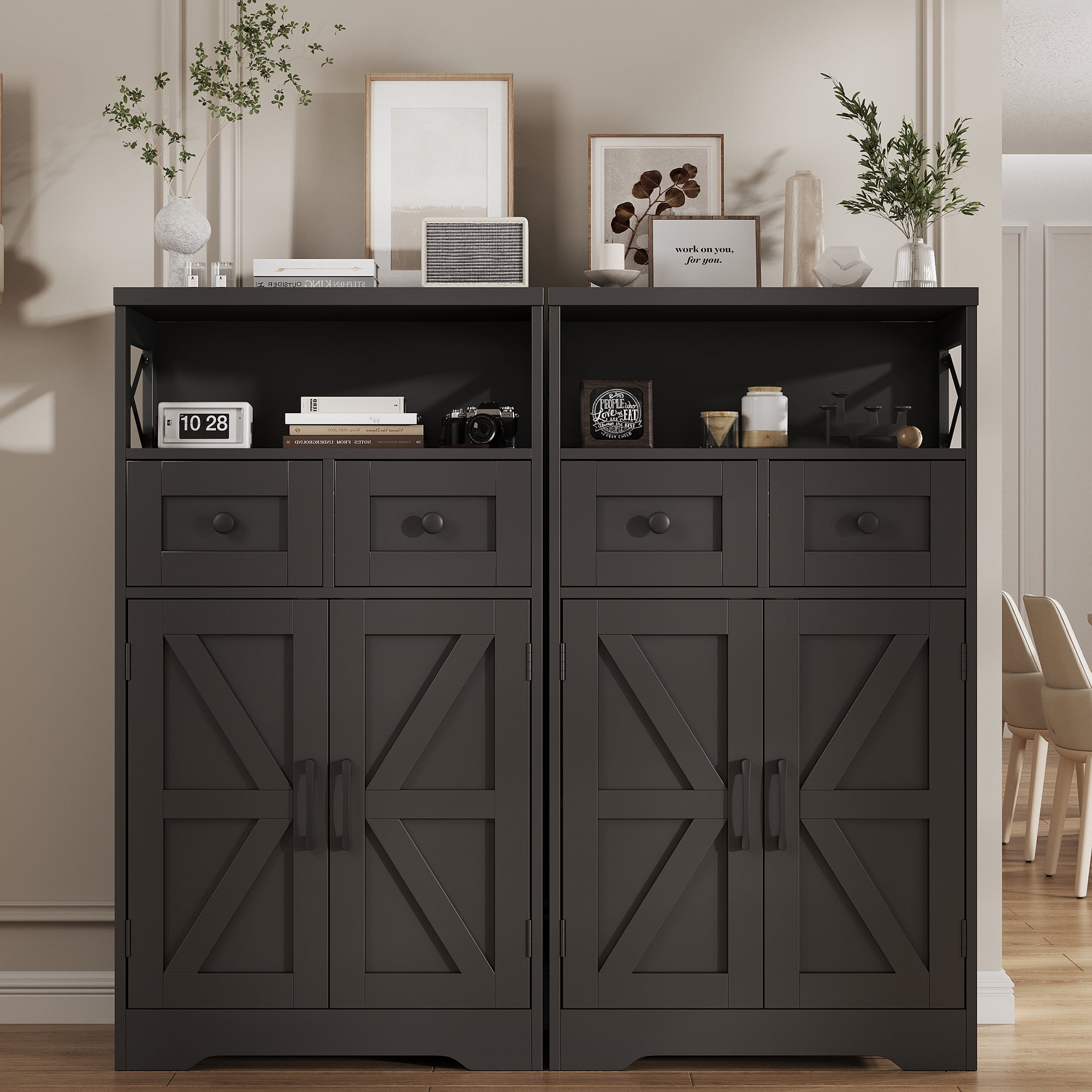 Black Storage Cabinet with Drawers and Shelves, Freestanding Black Kitchen Pantry Storage Cabinet, Floor Storage Cabinet Hutch Cupboard Black for Dining/Living Room/Home Office