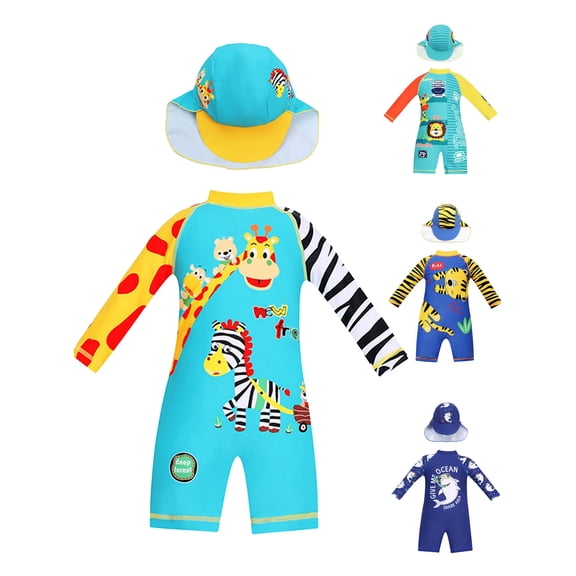 BULLPIANO 1-8Y Toddler Boys One Piece Rash Guard Swimsuit Kid Water Sport Swimsuit UPF 50 Sun Protection Bathing Suits with Cap