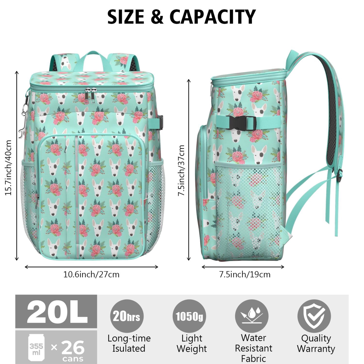 Travel Cooler Bag - Bull Terrier Dog and Flower Florals Camping Beer Cooler Backpack with Bottle Opener- Waterproof Insulated Picnic Backpacks - Cooler Bag for Beach