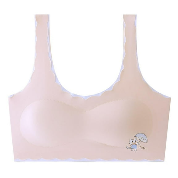Xfvqtps Girls Bras with Padded Short Style Fixed Cup Seamless Wave Hem Soft Comfortable Breathable Cute Cat Print Training Bra for Teen Bras for 12-15 Years Pink