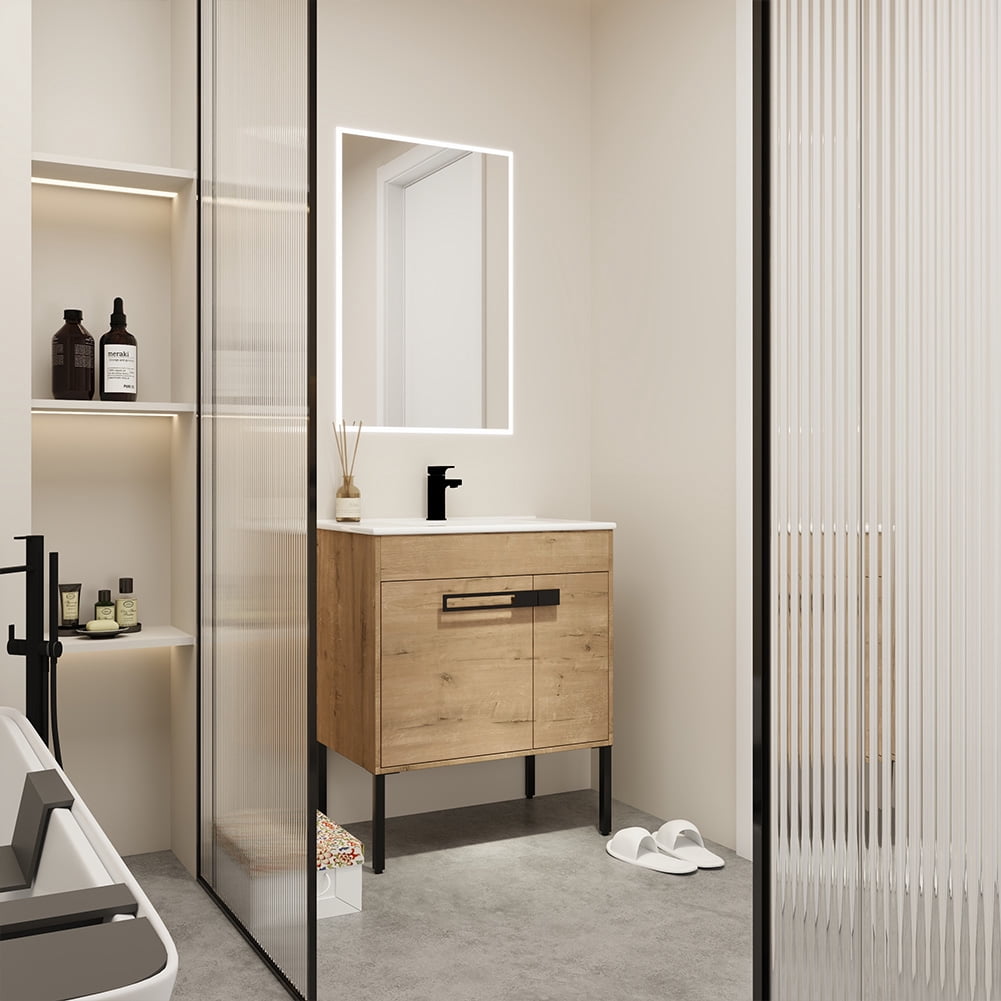 30" Bathroom Vanity with Sink Combo Bathroom Vanity Ceramic Single Basin Set with Doors Adjustable Shelves for Bathroom, Oak 30"