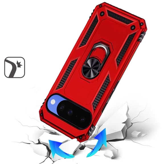 Starshop For Google Pixel 11 Case Shockproof Heavy Duty Cover with Ring Kickstand & Tempered Glass Screen Protector - Red