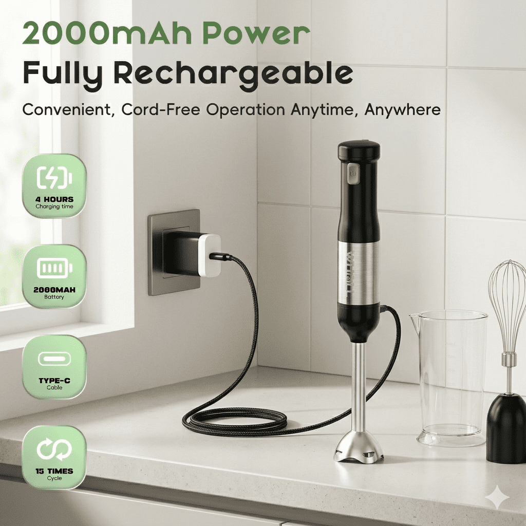 WHALL Cordless Immersion Blender, Rechargeable 5-in-1 Hand Blender with Whisk, Milk Frother Attachments, Portable Stick mixed,700ml Beaker, 500ml Chopper