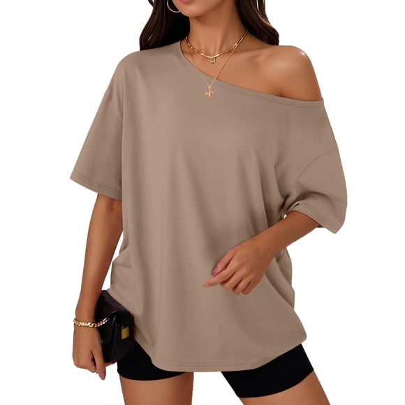 Camiseta oversize Trendy Queen con hombros descubiertos color caqui talla M