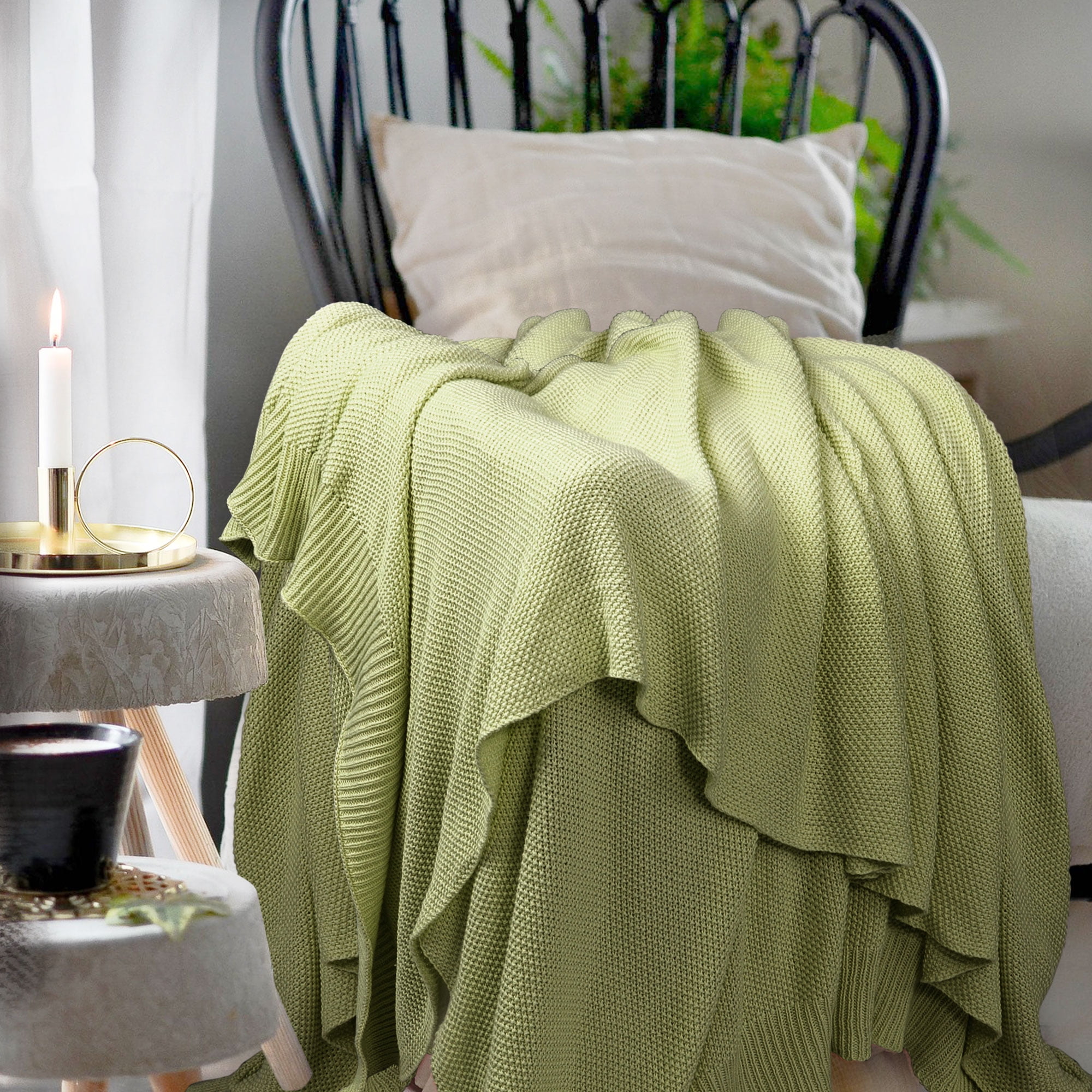 Unique Bargains Pure Cotton Soft Cable Knit Throw Blanket Dark Sea Green 50" x 60"