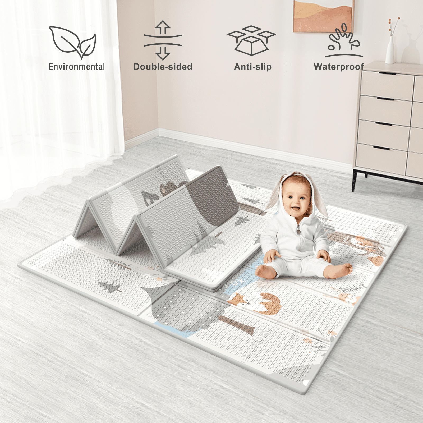 PKINOICY Baby Play Mat, 47x47inch Play Mat, 0.4 in Thick Waterproof Playmat for Babies, Foldable Play Mat for Small Baby Playpen, Small Spaces