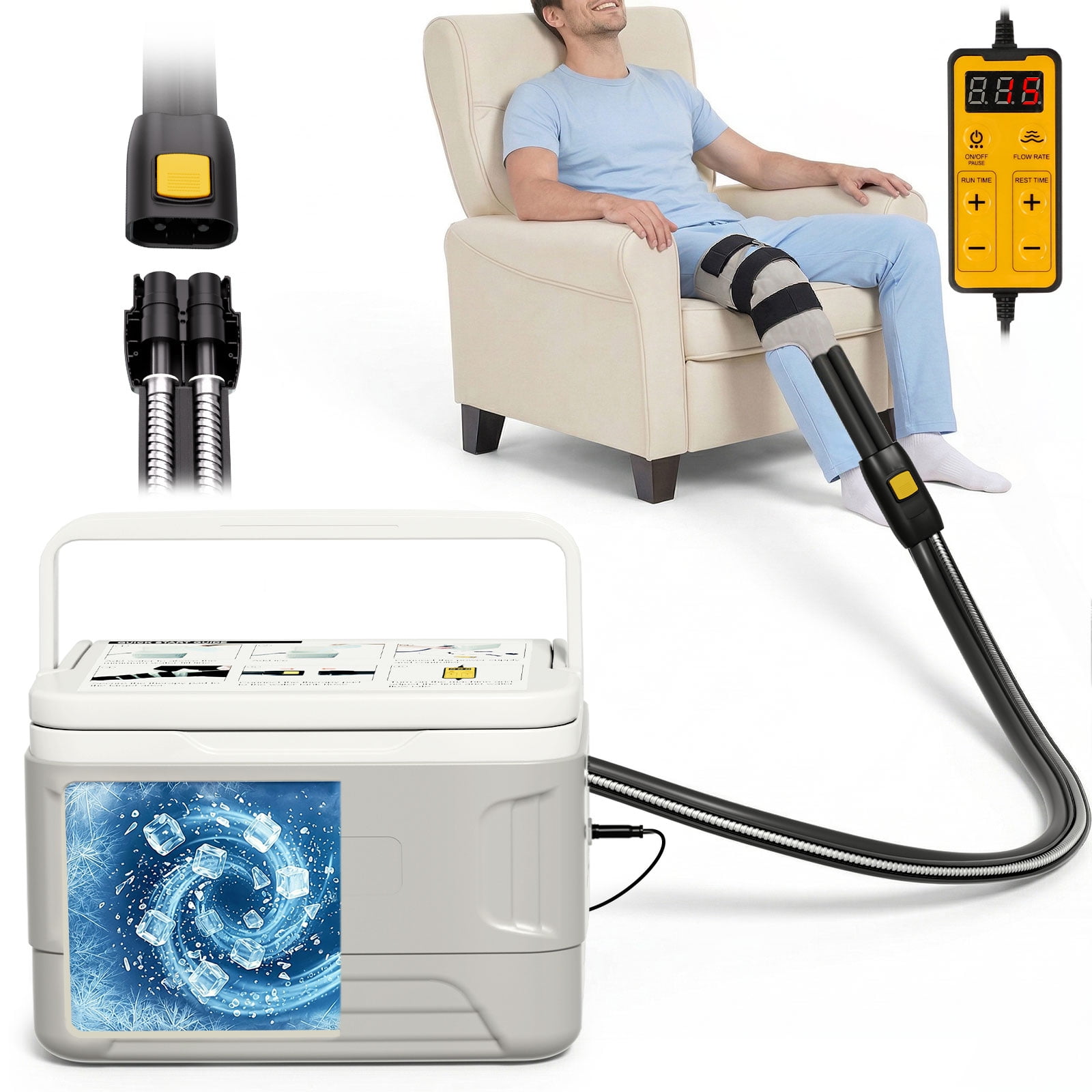 Ice Machine for Knee after Surgery - Cold Therapy Machine with Kink-Free Built-in Stainless Steel Hose & Leak-Proof Connectors for Pain Relief, Swelling Reduction，Post-Op Ankle & Joint Recovery