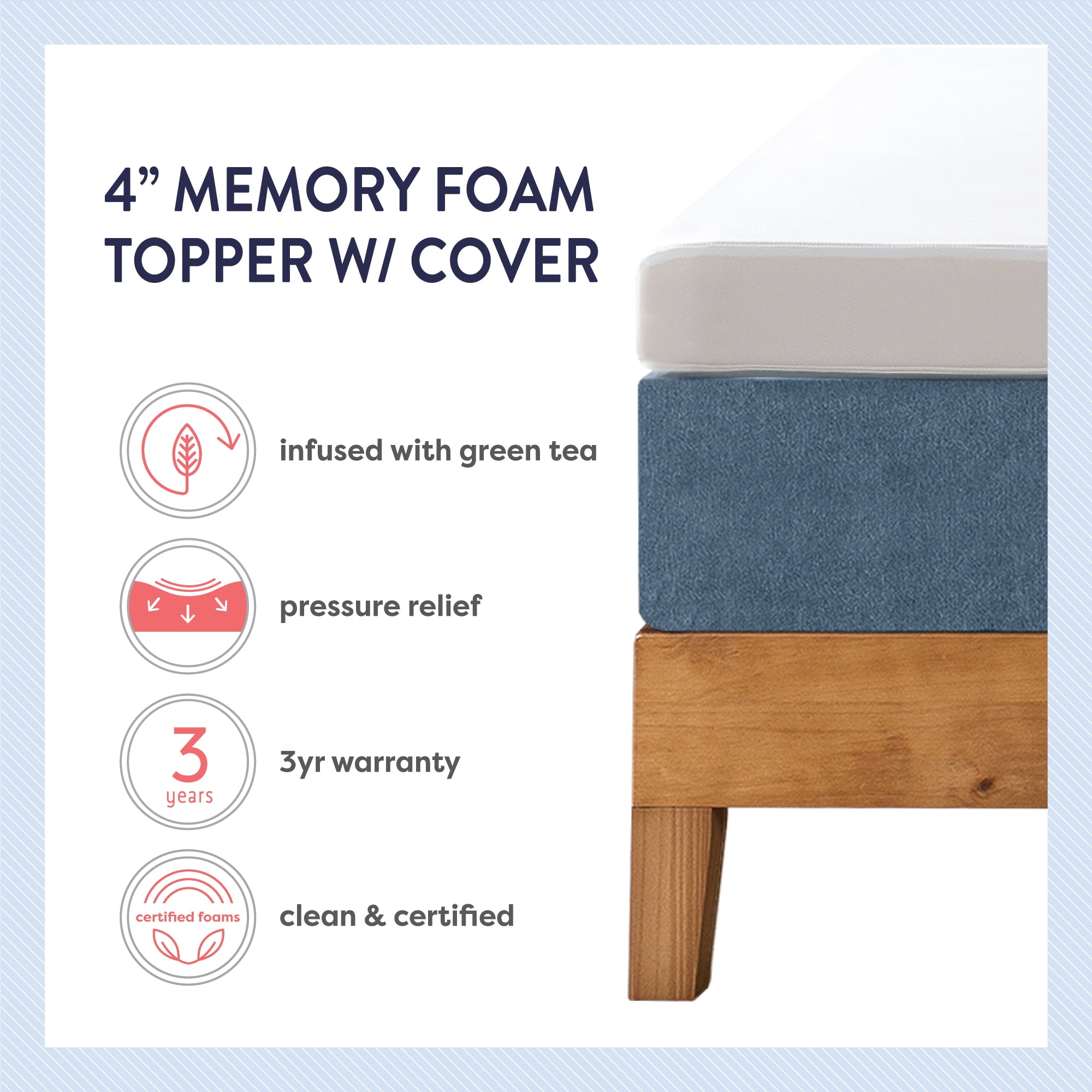 Mellow 4" Memory Foam Mattress Topper with Green Tea Infusion and Cover, Short Queen