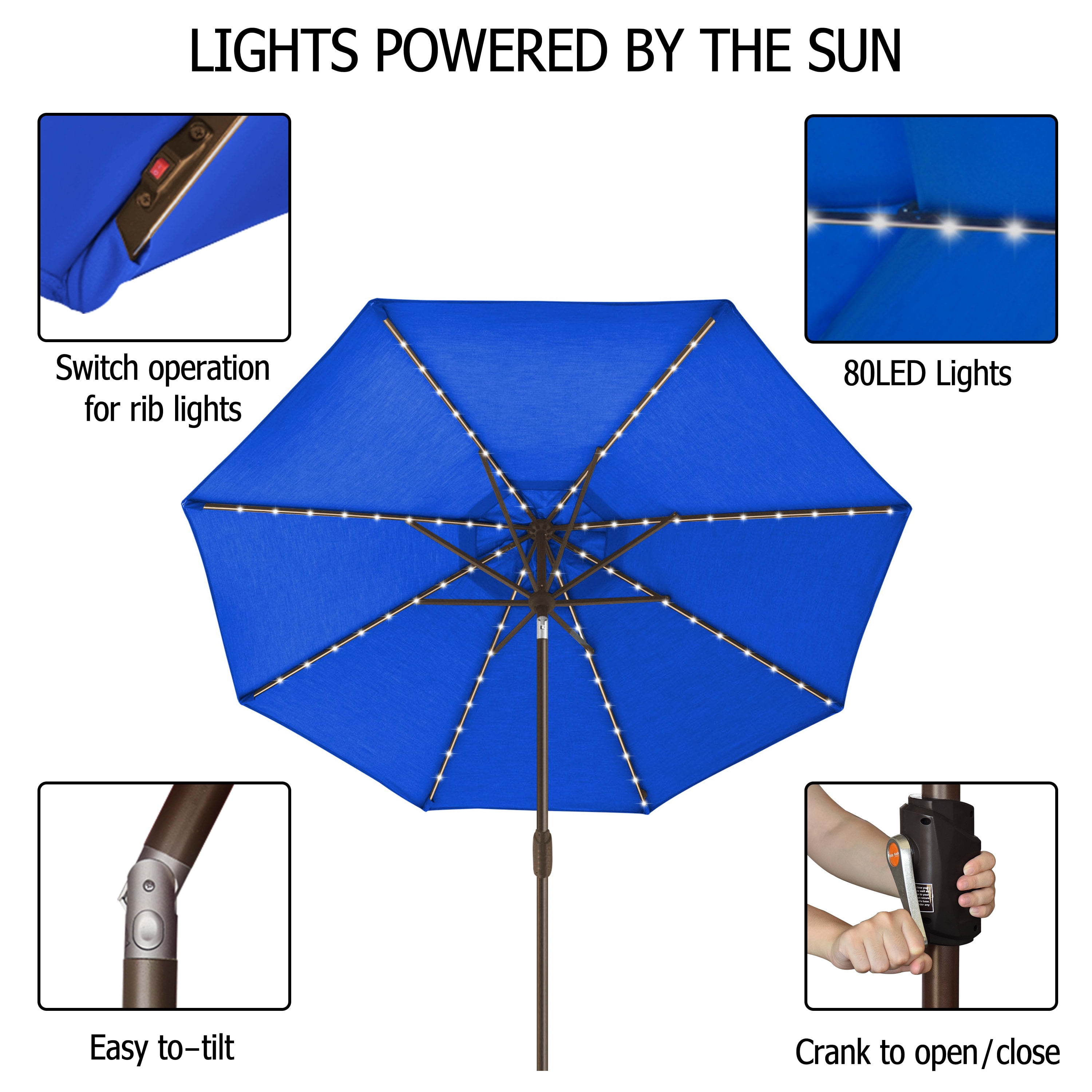 EliteShade Sunbrella Solar Umbrellas 9ft Market Umbrella with 80 LED Lights Patio Umbrellas Outdoor Table Umbrella（Blue）