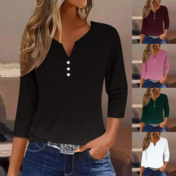 Trendsetting Women's Apparel Fashion Plus Size Women's Fashion Casual Solid T-shirt 3/4 Sleeves Buttons Blouse V-Neck Casual Tops
