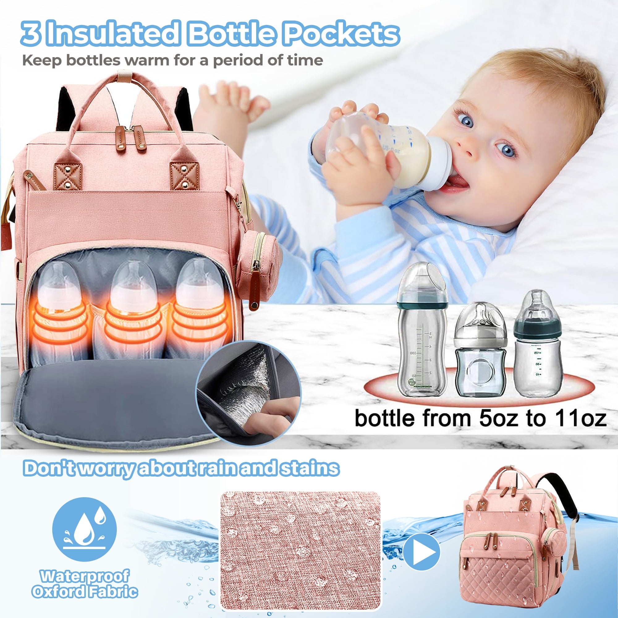 Morfone Baby Diaper Bag Backpack, Multifunction Waterproof Baby Bag with USB Charging Port, Stroller Straps & Pacifier Case Unisex, Pink