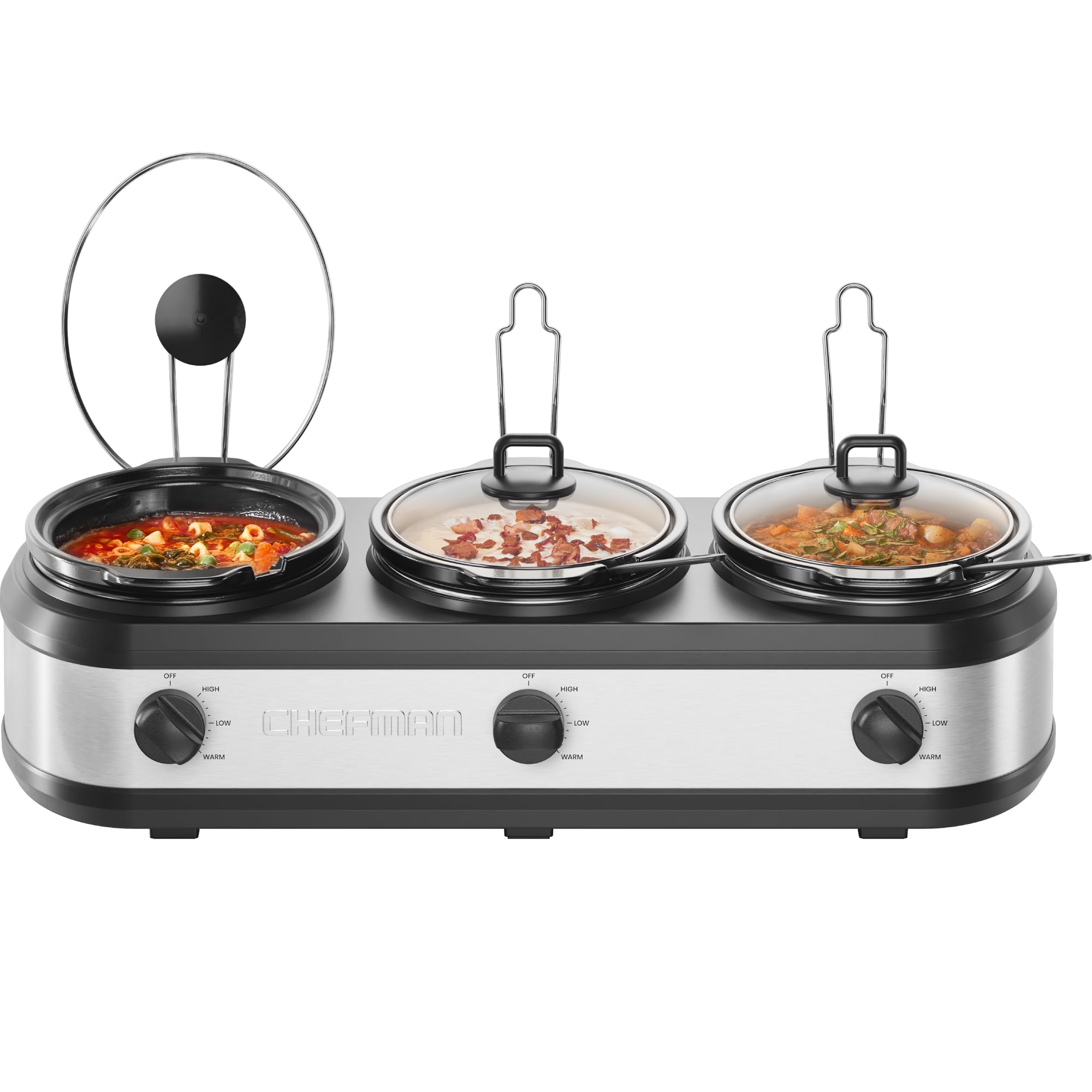 Chefman Triple Slow Cooker & Buffet Server, Three 2.5-Quart Inserts – Stainless Steel