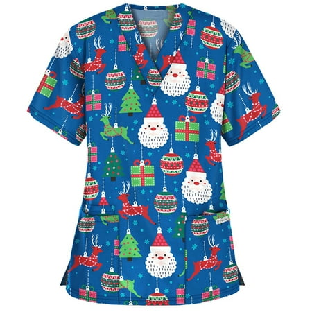 

purcolt Plus Size Christmas Scrubs Tops for Women Casual Xmas Print Short Sleeve V Neck Professional Nursing Workwear Tunic Working Uniform Medical Blouse with Pockets