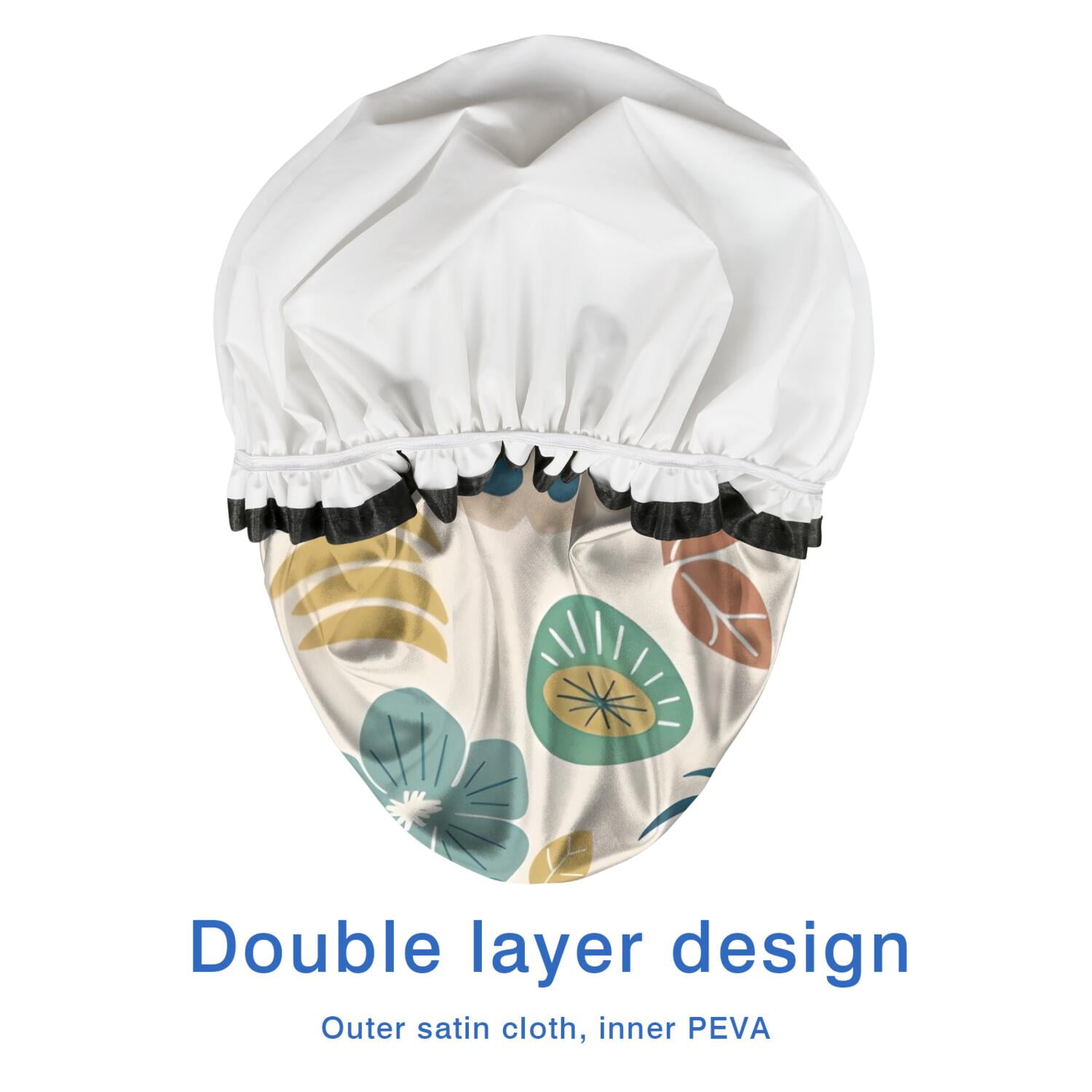 Shower Caps,Beige Pioneer Flower and Leaf Pattern Waterproof Shower Cap for Women 4 Pieces,Double Reusable Hair Cover for Shower PEVA Elastic Stretch Hem