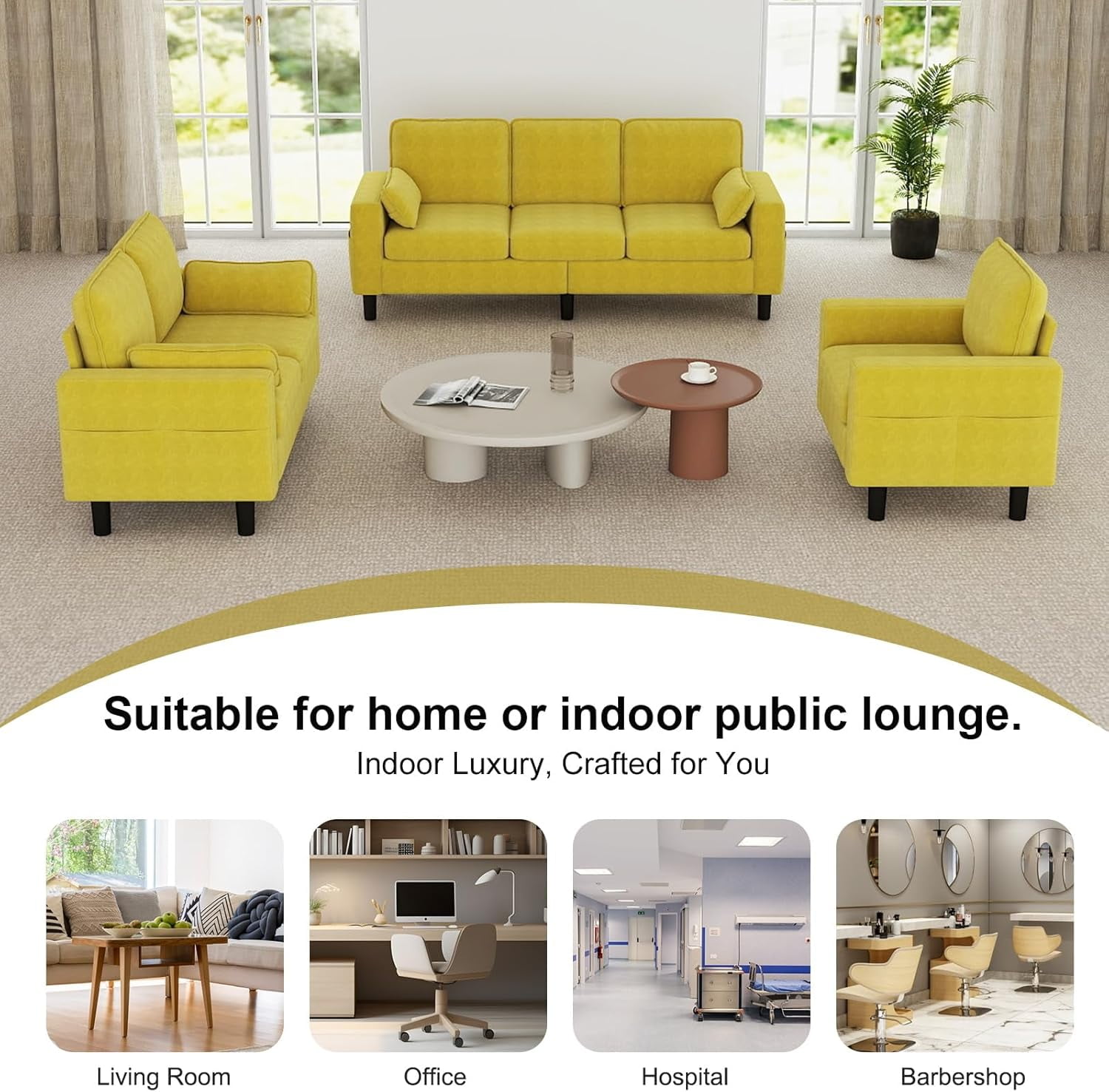 Kinbor Multi-Functional 3-Seater Sofa Chair, Modern Accent Chairs Comfy Living Room Chair with Cushions & Side Pocket, Yellow