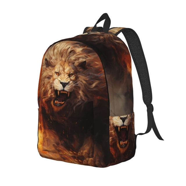 Disketp Cool Fire Lion print Canvas Backpack Lightweight Travel Daypack Student Rucksack Laptop Backpack-Medium